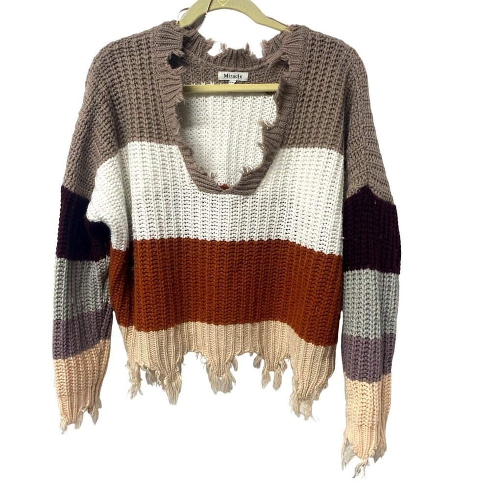 Miracle Womens Knit Sweater S/M Earth Tones Long Sleeve Frayed Hems Boho Chic